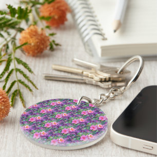 Purple and pink botanical floral pattern  key ring