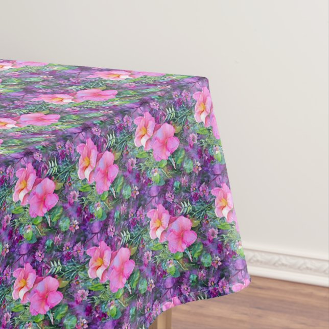 Purple and pink botanical floral pattern tablecloth (In Situ)