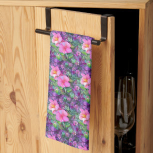 Purple and pink botanical floral pattern tea towel
