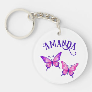 Purple and Pink Butterfly Duo with Name Key Ring