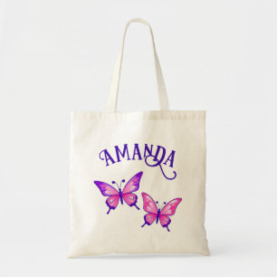 Purple and Pink Butterfly Duo with Name Tote Bag
