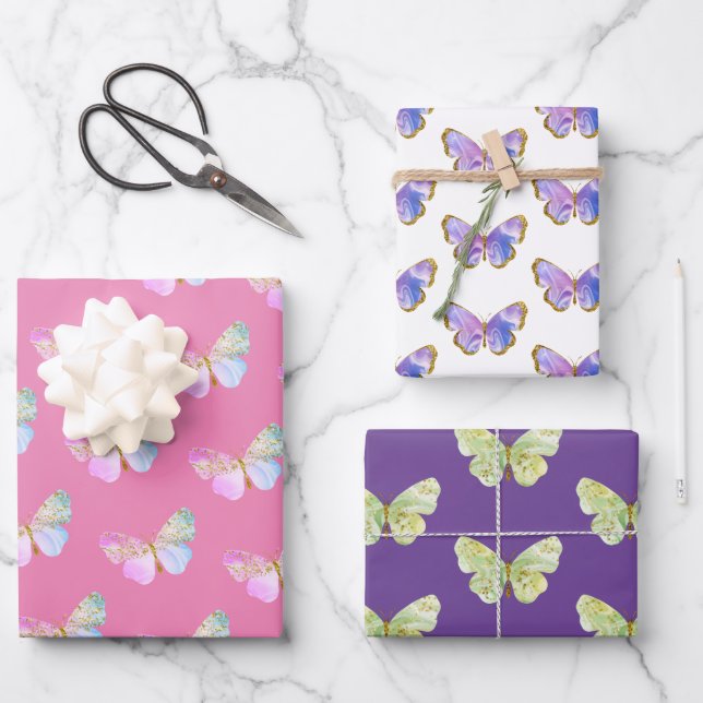Purple and Pink Butterfly Themed Gift  Wrapping Paper Sheet (Front)