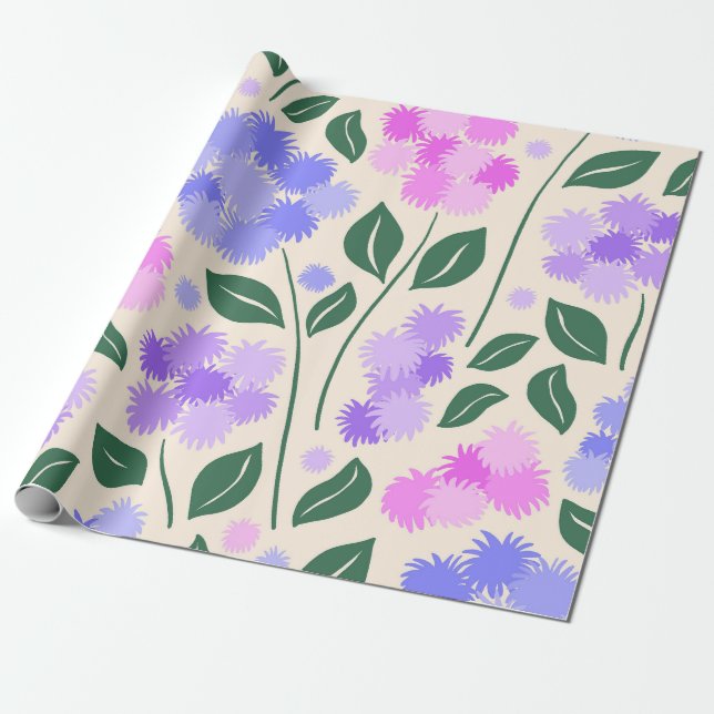 Purple and Pink Cornflower Botanical Wrapping Paper (Unrolled)