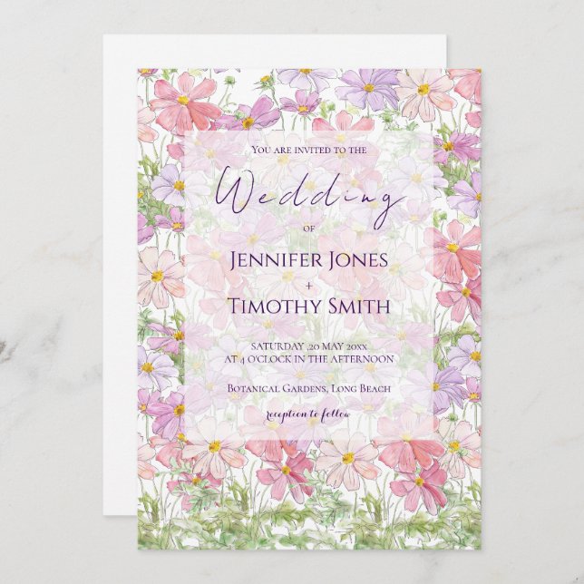 purple and pink cosmos flowers watercolour  invitation (Front/Back)