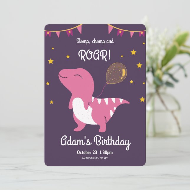 Purple And Pink Dinosaur Birthday Party Invitation (Standing Front)