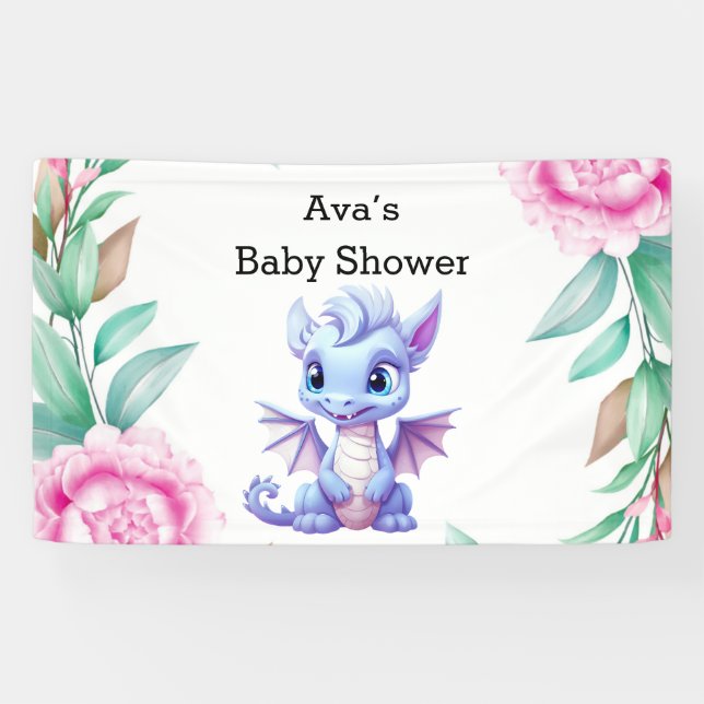 Purple and Pink Dragon Peony Girl Baby Shower Banner (Horizontal)
