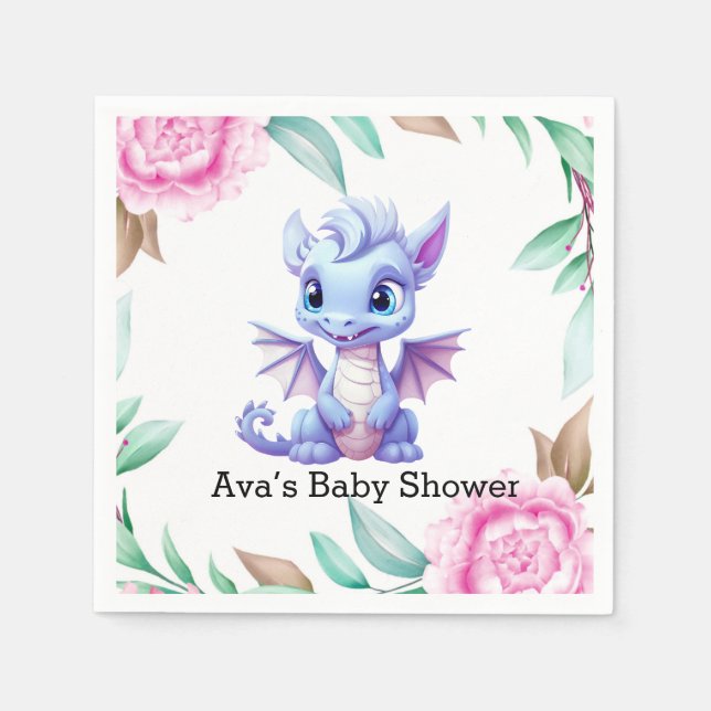 Purple and Pink Dragon Peony Girl Baby Shower Napkin (Front)