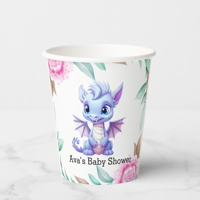 Purple and Pink Dragon Peony Girl Baby Shower Paper Cups (Front)