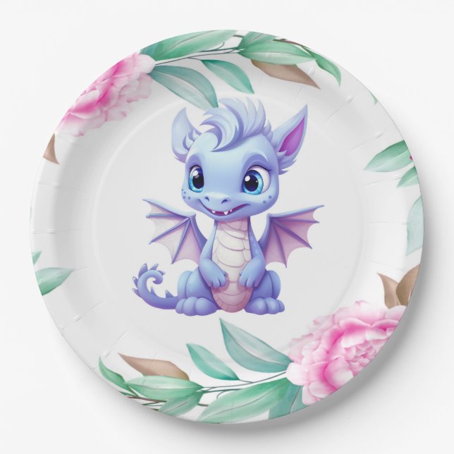 Purple and Pink Dragon Peony Girl Baby Shower Paper Plate (Front)