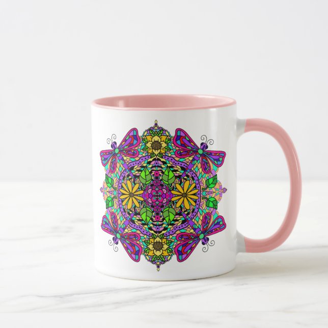 Purple and Pink Dragonfly and Flowers Mandala Mug (Right)
