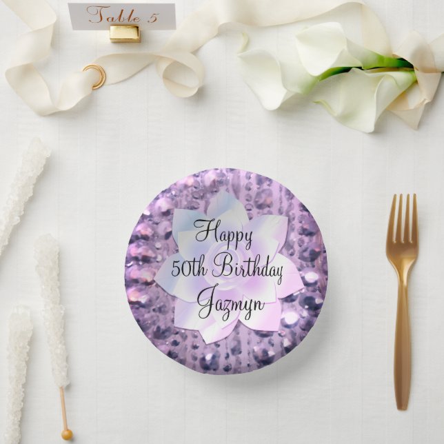 Purple and Pink Elegant Beaded Birthday  Paper Plate (Wedding)