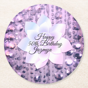 Purple and Pink Elegant Beaded Birthday Round Paper Coaster