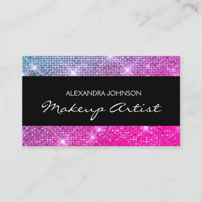 Purple and Pink Elegant Sparkly Makeup Artist Business Card (Front)