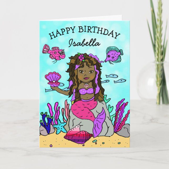Purple and Pink Ethnic Mermaid Happy Birthday Card (Front)