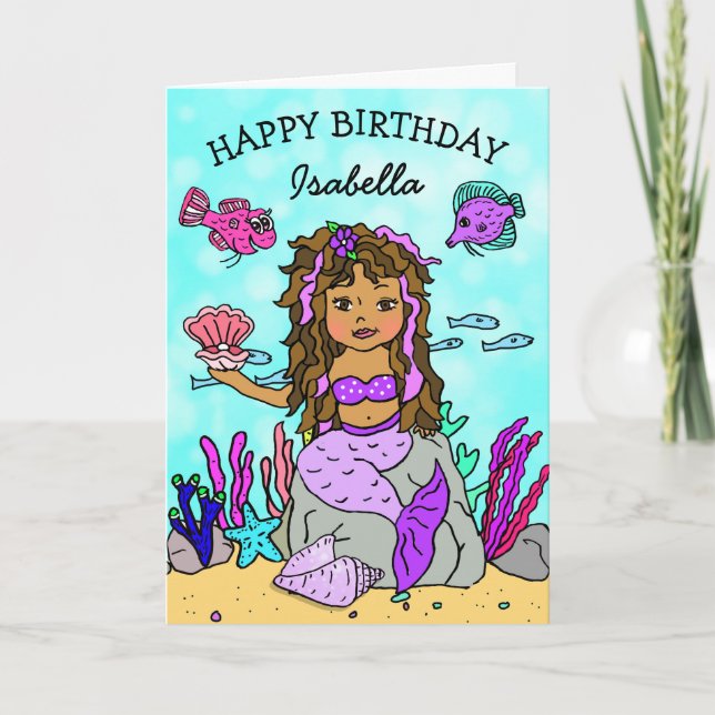 Purple and Pink Ethnic Mermaid Happy Birthday Card (Front)