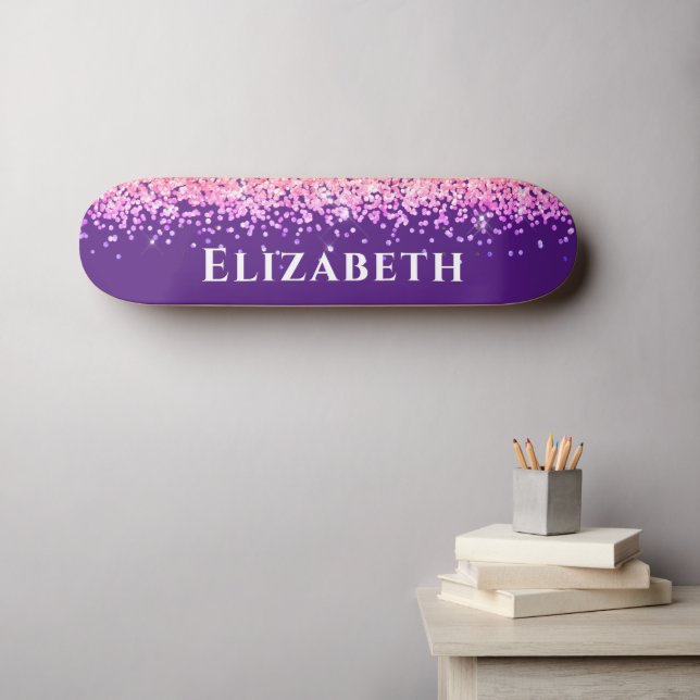 Purple And Pink Faux Glitter Aesthetic Custom Name Skateboard (Wall Art (Horz))