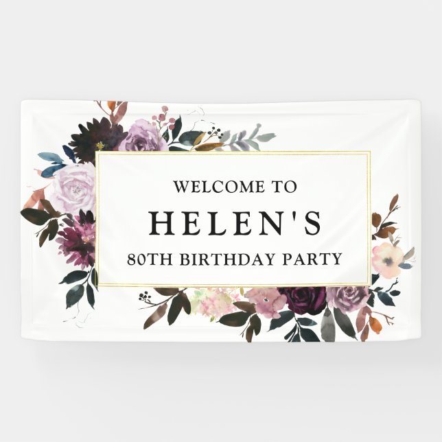 Purple and Pink Floral 80th Birthday Party Welcome Banner (Horizontal)
