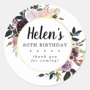 Purple and Pink Floral 80th Birthday Thank You Classic Round Sticker