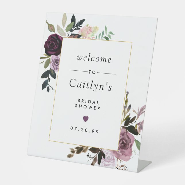 Purple and Pink Floral Bridal Shower Welcome Pedes Pedestal Sign (Front)