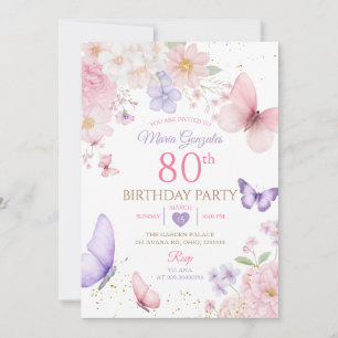 Purple and Pink Floral Butterfly 80th Birthday Invitation