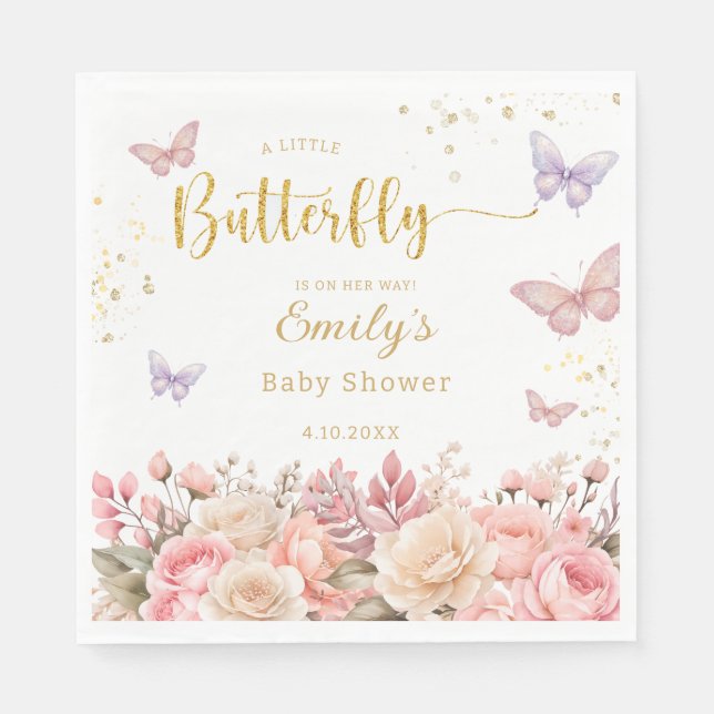 Purple and pink Floral Butterfly Girl Baby Shower Napkin (Front)