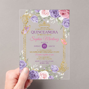 Purple And Pink Floral Gold Crown Girl Quinceañera Acrylic Invitations