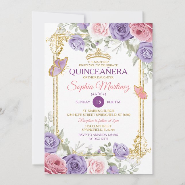 Purple And Pink Floral Gold Crown Girl Quinceañera Invitation (Front)