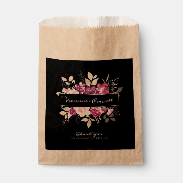 Purple and Pink Floral on Black Wedding Favour Bags (Front)