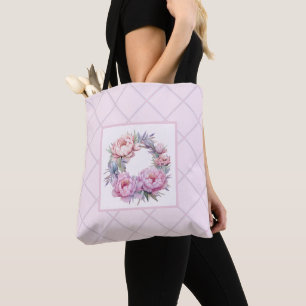 purple and pink floral pattern tote bag