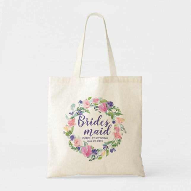 Purple and Pink Floral Personalised Bridesmaid Tote Bag (Front)
