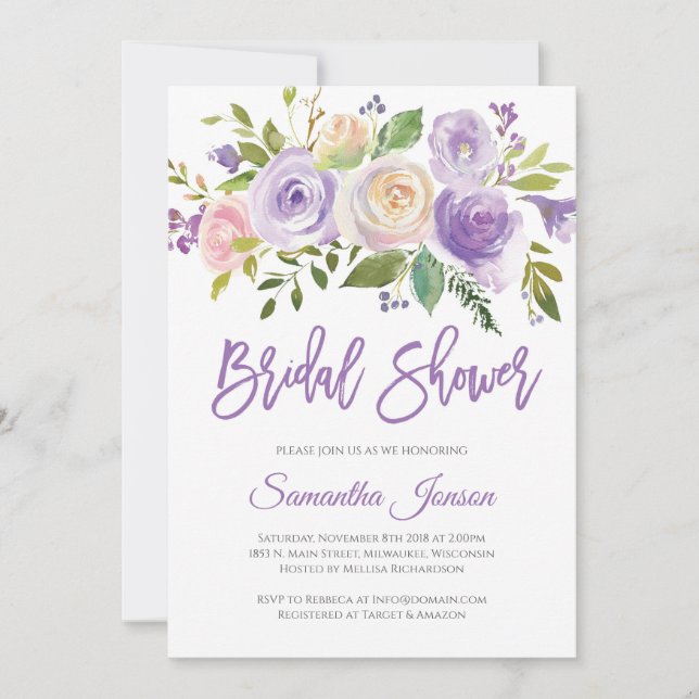 Purple and pink floral rustic bridal shower invitation (Front)
