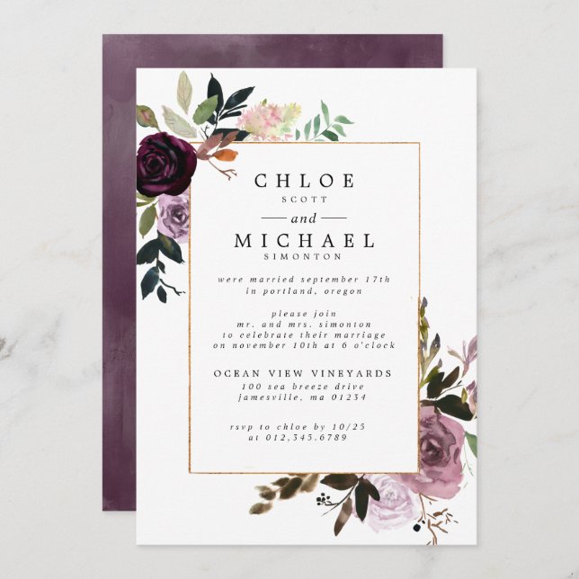 Purple and Pink Floral Rustic Elopement Reception Invitation (Front/Back)