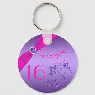 Purple and Pink Floral  Sweet Sixteen Keychain