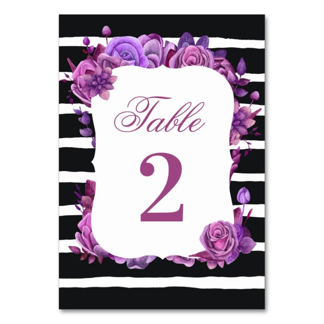 Purple and pink floral wedding. Black stripes Table Number (Front)