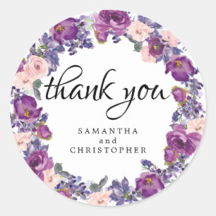 Purple and Pink Floral Wedding Favour Thank You Classic Round Sticker