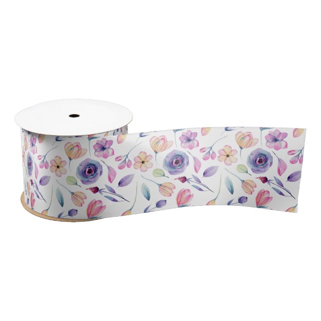 Purple and Pink Flowers and Greenery  Satin Ribbon (Spool)
