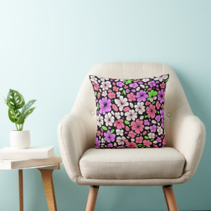 Purple and Pink Flowers and Petals Pattern Black Cushion