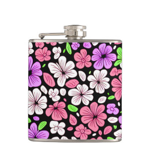 Purple and Pink Flowers and Petals Pattern Black Hip Flask