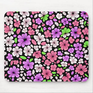 Purple and Pink Flowers and Petals Pattern Black Mouse Mat