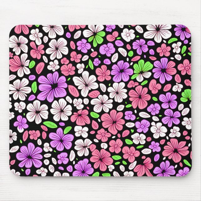 Purple and Pink Flowers and Petals Pattern Black Mouse Mat (Front)