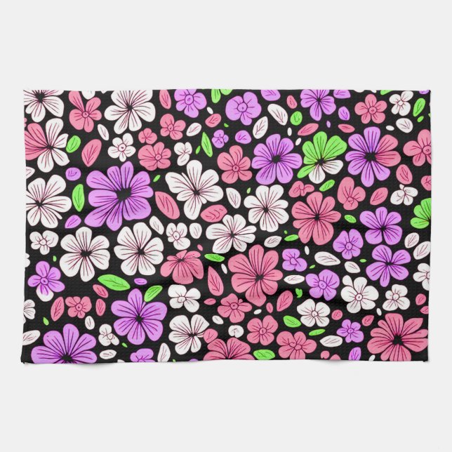 Purple and Pink Flowers and Petals Pattern Black Tea Towel (Horizontal)