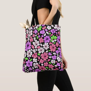 Purple and Pink Flowers and Petals Pattern Black Tote Bag