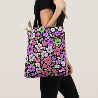 Purple and Pink Flowers and Petals Pattern Black Tote Bag