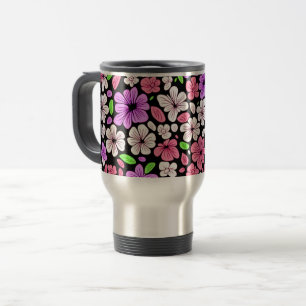 Purple and Pink Flowers and Petals Pattern Black Travel Mug