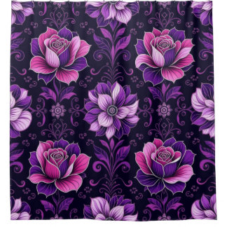 Purple and Pink Flowers Black Background Shower Curtain