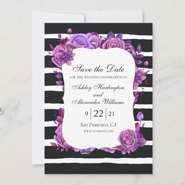 Purple and pink flowers. Black striped wedding Save The Date (Front)
