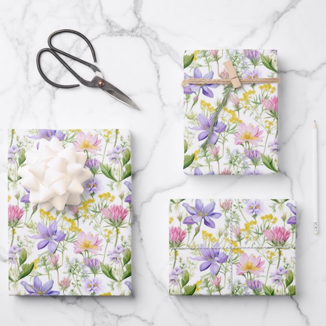 Purple and Pink Flowers Botanical Print Wrapping Paper Sheet (Front)
