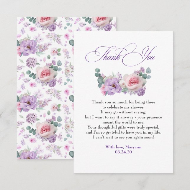 Purple and Pink Flowers Botanical Thank You Card (Front/Back)