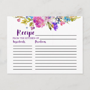 Purple and Pink Flowers Bridal Shower Recipe Cards