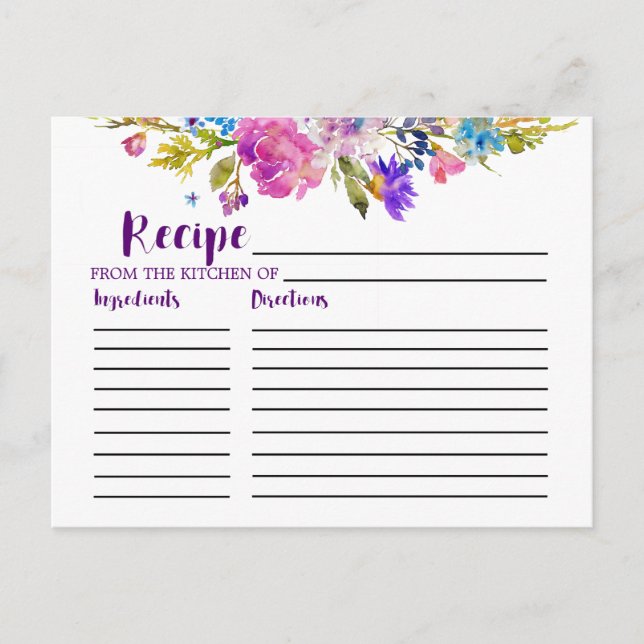 Purple and Pink Flowers Bridal Shower Recipe Cards (Front)